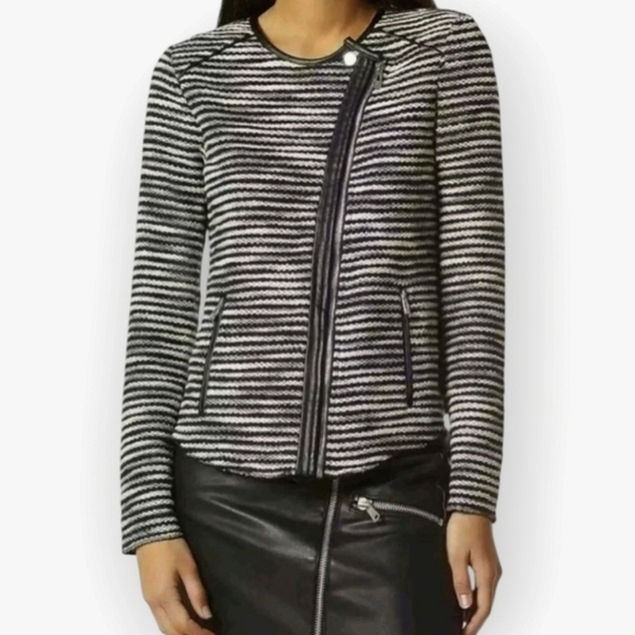 Aves Les Filles Large Sweater Asymmetrical Full Zip Black And White Stripe Tweed - Picture 1 of 6